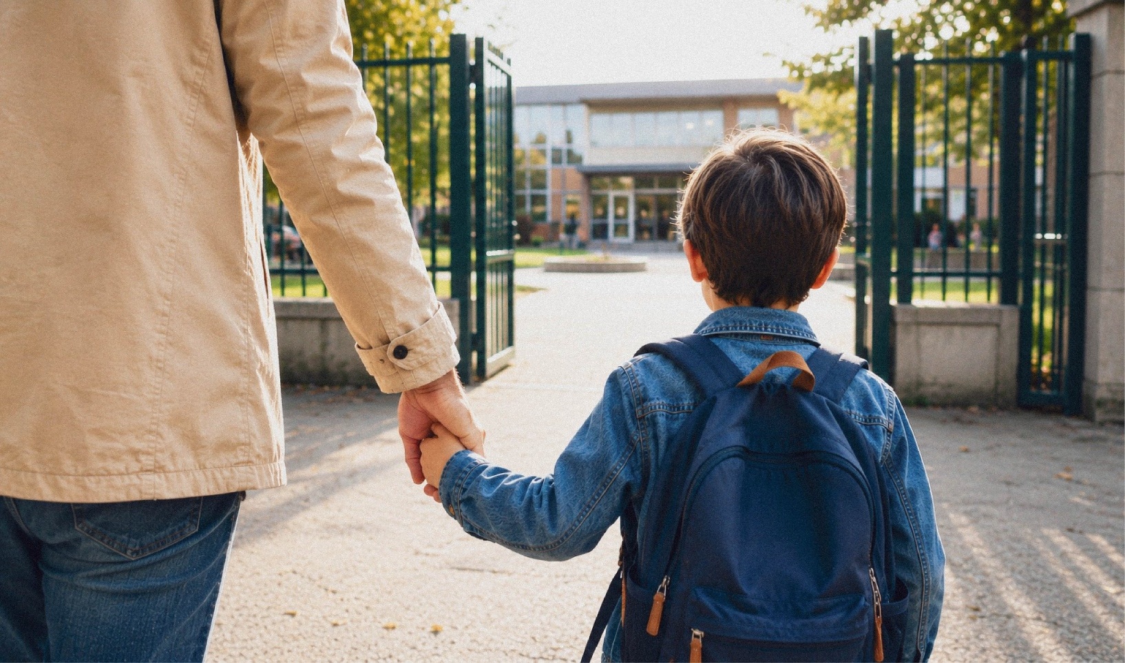 Parent ajustant le sac d’un enfant prêt pour l’école dans une chambre éclairée par la lumière du matin.